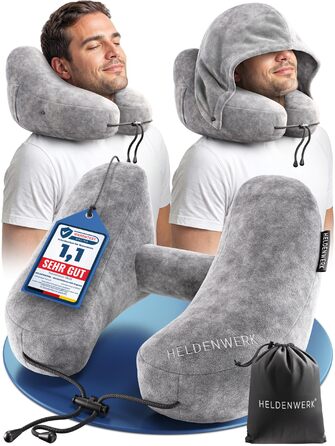 Подушка для шиї HELDENWERK® Air: 5 положень, регульований тиск, знімний капюшон | Подушка для подорожей на літаку/автомобілі, м'яка, сірого кольору, велика