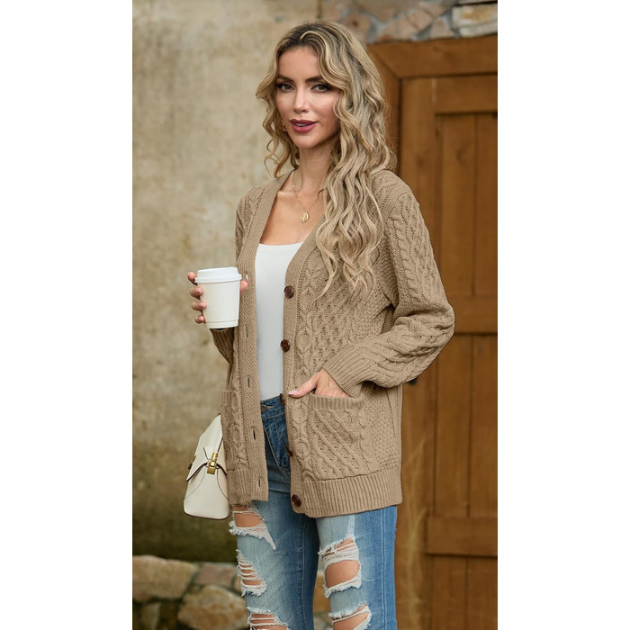 Жіночий в'язаний кардиган GRECERELLE з V-подібним вирізом та ґудзиками, класичний стиль, осінь-зима, бежевий колір