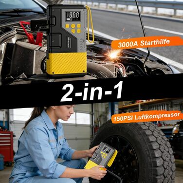Powerbank для прикурювання з компресором 3000A 150PSI, LCD-дисплей, LED-ліхтарик (Жовтий)