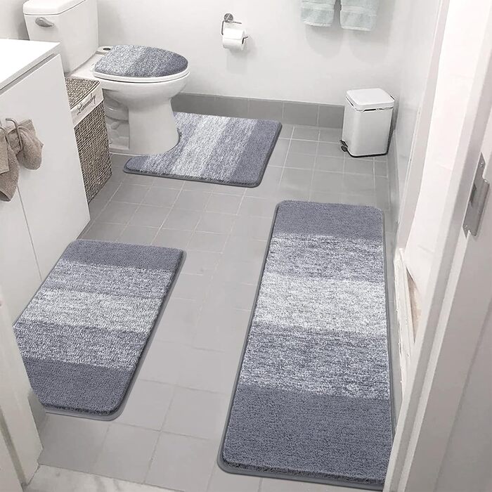 Enyhom 4-Piece Microfiber Bath Mat Set - Non-Slip Bathroom Rugs & Toilet Lid Cover (Grey, 45x65cm, 45x120cm, 50x60cm, 48x53cm)