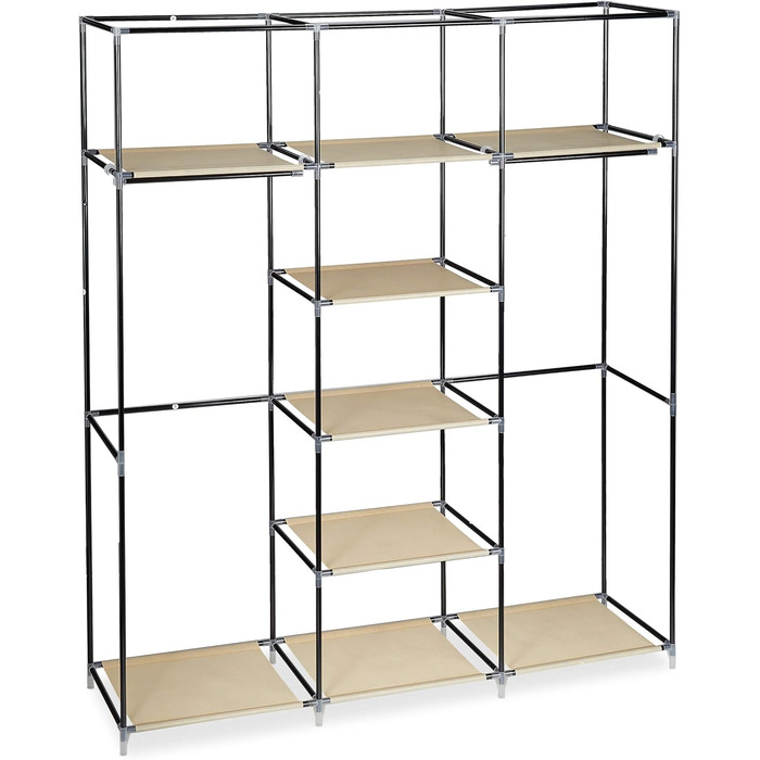 Relaxdays Fabric Clothes Closet, 9 Compartments, 2 Clothes Rails, HBT: 173 x 148 x 43 cm, Camping, Cellar, Folding Closet, Fabric, 10019122-139 (Beige)