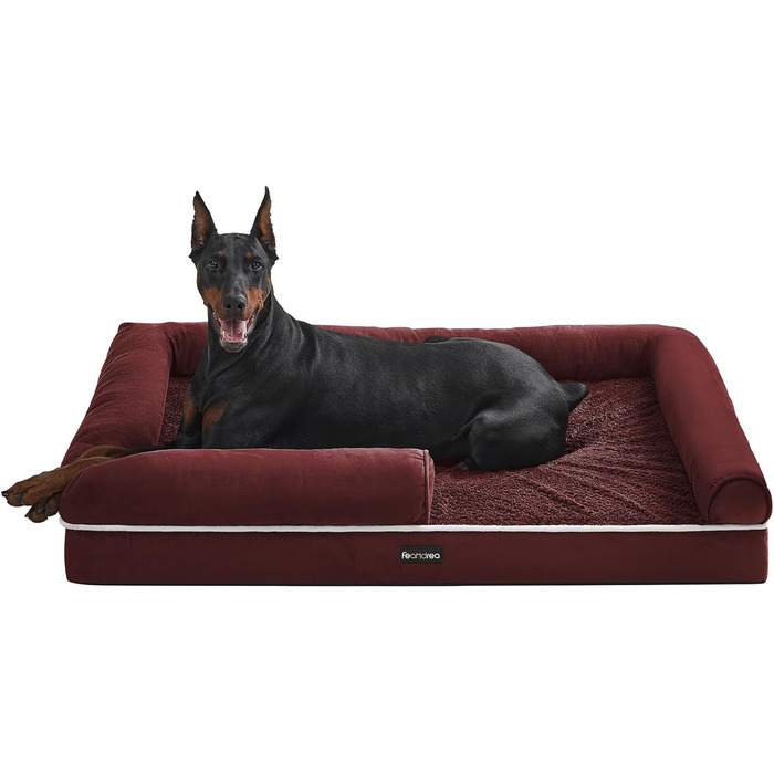 Feandrea Orthopedic Dog Bed, Dog Cushion, Dog Basket, Soft Padding, Dog Sofa, Raised Edges, Removable and Washable Cover, 91 x 71 x 20 cm, Non-Slip Bottom, PGW076G01 (L 120 x W 85 x H 20 cm, Berry Red)