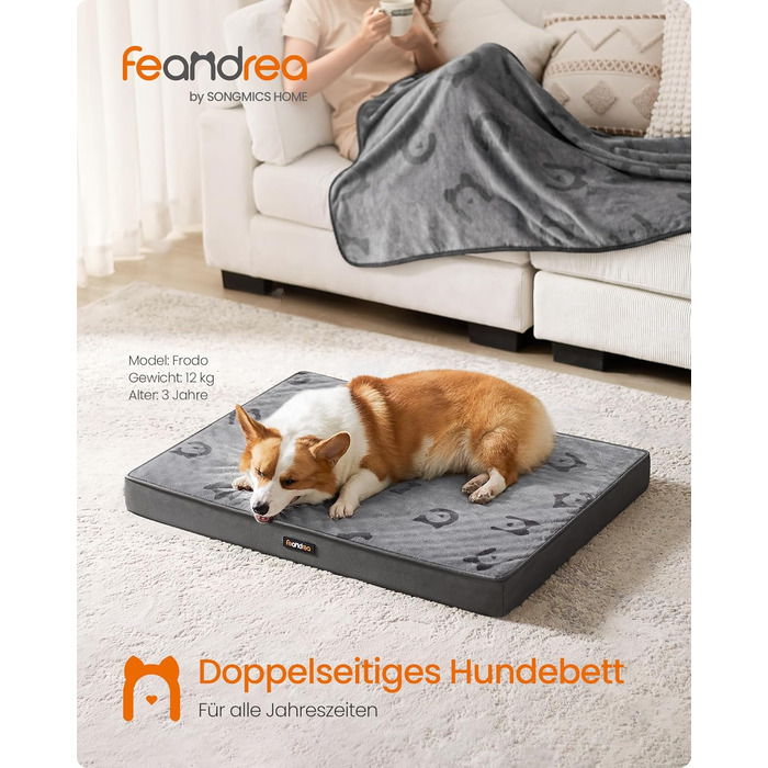 Крізь для собак Feandrea, м'яке ліжко для собак, знімний килимок, водонепроникне, 76 x 51 x 8 см, розмір M, для маленьких та мініатюрних собак, Taubengrau PGW241G01 (L (91 x 63 x 8 см))