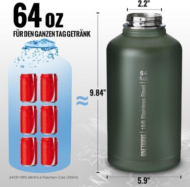 OneTigris Stainless Steel Water Bottle, 1.9L High Capacity, Insulated Sports Bottle for Bicycle, Camping, Yoga, Gym, Softair, OD Green, 64oz