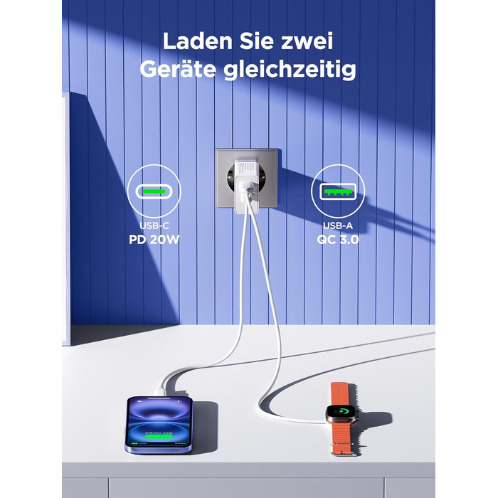 Зарядний пристрій USB C з двома портами, 20W, PD 3.0, Power Adapter з кабелем USB C - USB C 2м, для iPhone, Samsung та інших смартфонів, білий