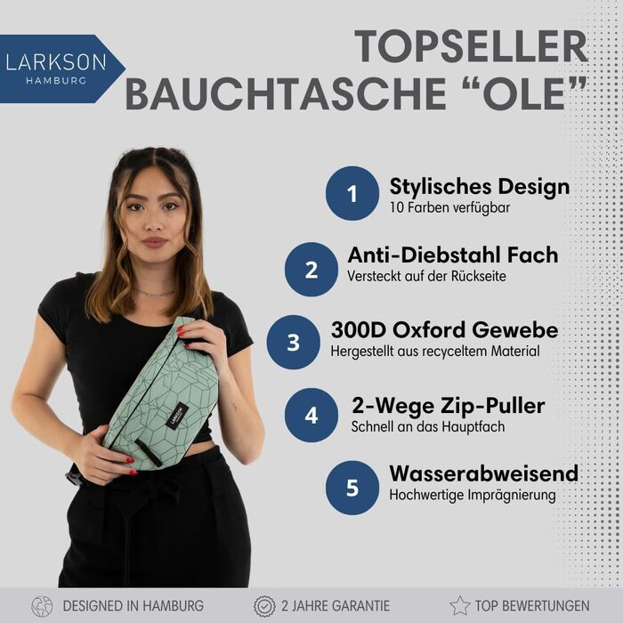 Чоловіча та жіноча поясна сумка LARKSON - стильна міська сумка через плече для спорту, відпочинку та фестивалів. Водовідштовхувальний дизайн, м'ятний колір.