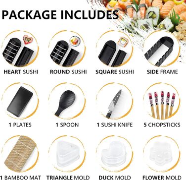 Набір для приготування суші, 20 предметів, для початківців, з формами для ролів, виделкою, ножем, килимком для скручування, палочками, повний комплект (Чорний)