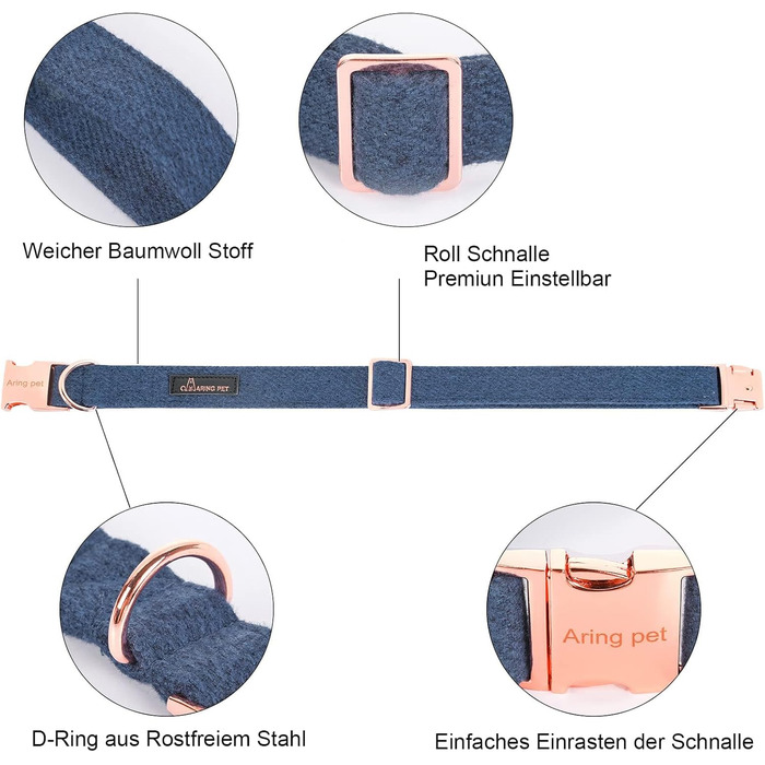 Нашийник для собак дівчаток Aring Pet, бавовняний, з бантиком, регульований, для великих собак, XS, темно-синій
