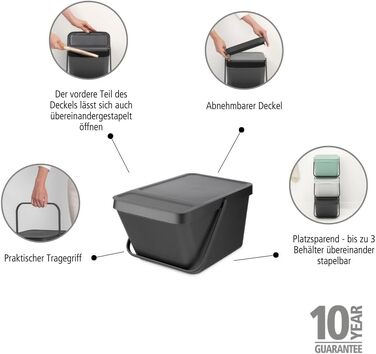 Сміттєвий кошик Brabantia Sort & Go з кришкою, 20 л, сірий — компактний контейнер для сортування відходів та тари