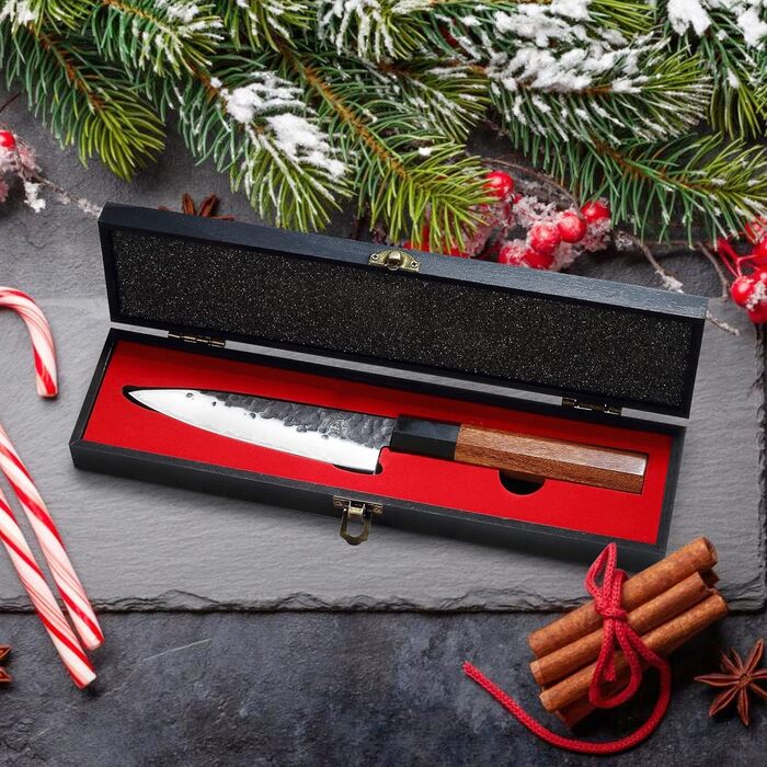 Японський ніж Santoku Mitsumoto Sakari 19 см з ручкою з рожевого дерева та дерев'яною коробкою, ніж для овочів 14 см