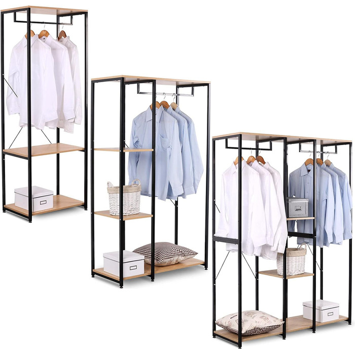 WOLTU XXXL Clothes Rack Freestanding with Shelf, Clothes Rail Wardrobe, Open Clothes Rod with Shoe Shelf for Bedroom, Wood and Steel, Black + Light Oak