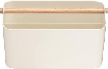 Navaris Storage Box with Wooden Handle - 2 Compartment Box Organizer for Bathroom Kitchen - Basket Storage for Cutlery Cleaning Supplies Portable Small - Cream White