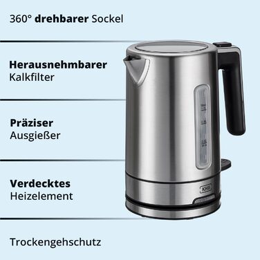 Набір для сніданку KHG: чайник та тостер, нержавіюча сталь, сріблястий, об'єм 1 л, 2 слоти, точний вилив, поворотний на 360°, 6 рівнів підсмажування, функції підігріву, розморожування та для багелів, з підспівачем для крихт