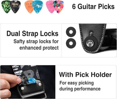 Гітарний ремінь LEKATO, смугастий, 6.7 см, з шкіряними кінцями та кишенькою для медіатора - з 6 медіаторами/фіксаторами ремінця - для бас-гітари, електрогітари та акустичної гітари