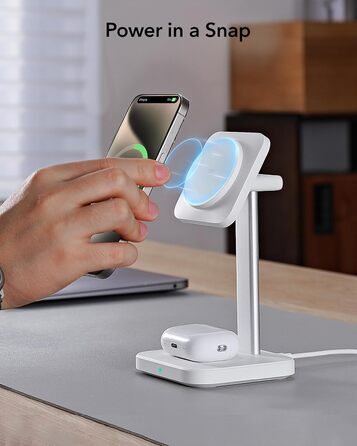 Зарядна станція 2-в-1 ESR MagSafe для Apple Watch та iPhone 17e/17/16/15/14/13/12, AirPods 4 - Біла