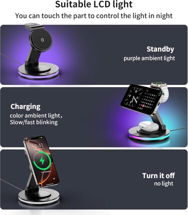 Зарядний пристрій MagSafe 3-в-1 для Apple Watch та iPhone, складний, поворотний з регулюванням світла, бездротовий зарядний стан MagSafe для iPhone 16/15/14, AirPods (без адаптера) - Чорний
