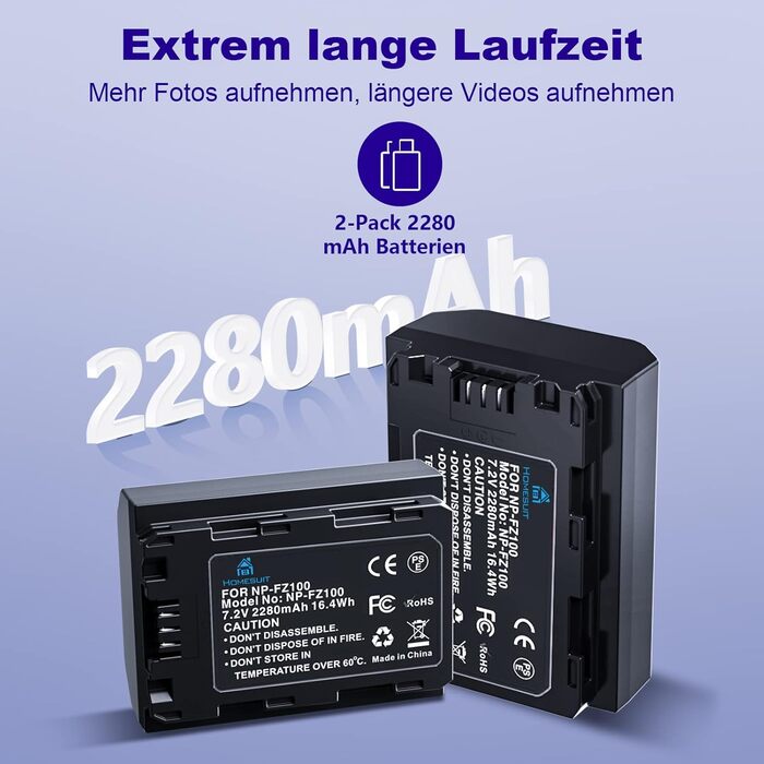 Акумулятор NP-FZ100 Homesuit 2280mAh + Двопортове зарядне пристрій LED для Sony ZV-E1, FX3, FX30, A7RIII, A7RV, A7RIV, A7SIII, A7III, A7IV, A7C, A7CII, A6600, A6700, Alpha A1, A9, A9II, A9III, 9R, A9R, 9S (2 шт.)