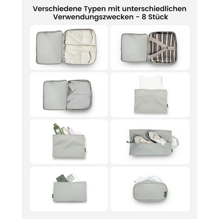 Органайзери для валізи Packing Cubes, 8 шт., сірі - дорожній набір для подорожей, водонепроникні, з косметичкою