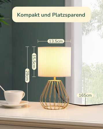 EDISHINE Настільна лампа, сучасний індустріальний дизайн, цоколь E14, вінтажна, для спальні та вітальні, бежево-чорна (кремово-білий плісе + золото)