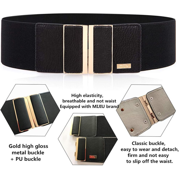 Жіночий еластичний широкий пояс для талії з пряжкою з металу, 7.5 см, чорний (для обхвату 32'-35')