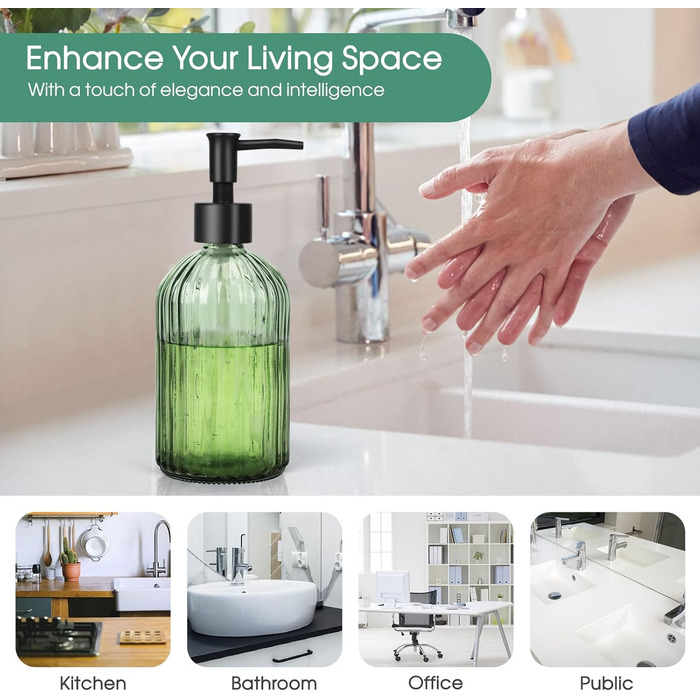 Скляні дозатори для мила Topsky (2 шт.), 400 мл, з чорною помпа, для кухні та ванної кімнати, ідеально для мила, лосьйонів та ефірних олій (оливковий зелений)