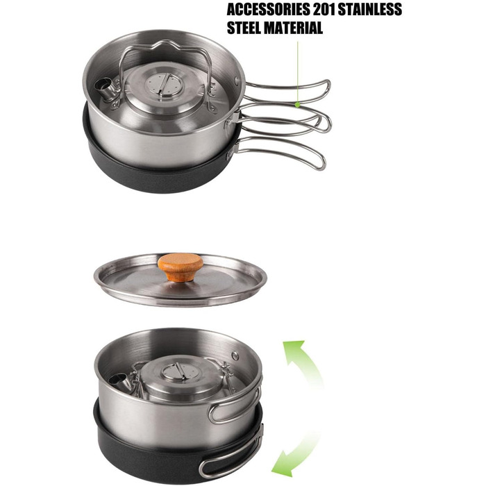 Набір кухонного посуду Pomurom Outdoor: нержавіюча сталь, для кемпінгу, пікніків та походів. Включає каструлю, чайник, набір посуду та сумку для зберігання