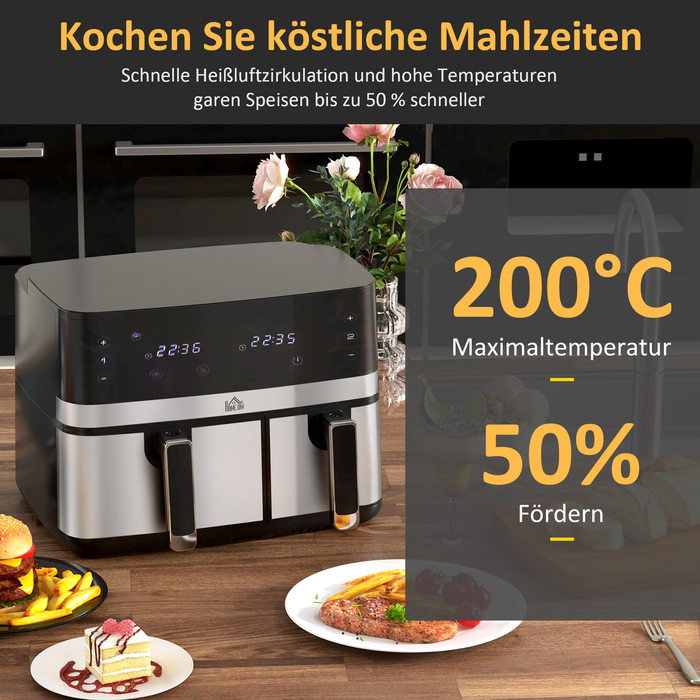 Фритюрниця HOMCOM з гарячим повітрям, 2700 Вт, 8 режимів, 41,8 см x 39,2 см x 31,1 см, Чорний + Сріблястий