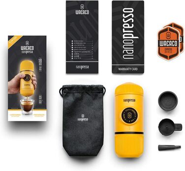 WACACO Nanopresso Portable Espresso Machine, Upgrade Version of Minipresso, 18 Bar Pressure, Small Travel Coffee Machine, Without Protective Case, Manual Operation, for Camping and Hiking, (Yellow)