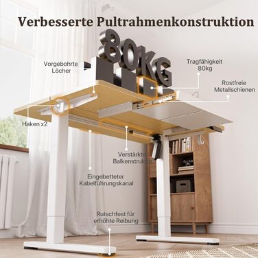 Електричний стіл Claiks з висувною шухлядою 120x60 см, 80 кг, пам'ять, 2 гачки для навушників, білий