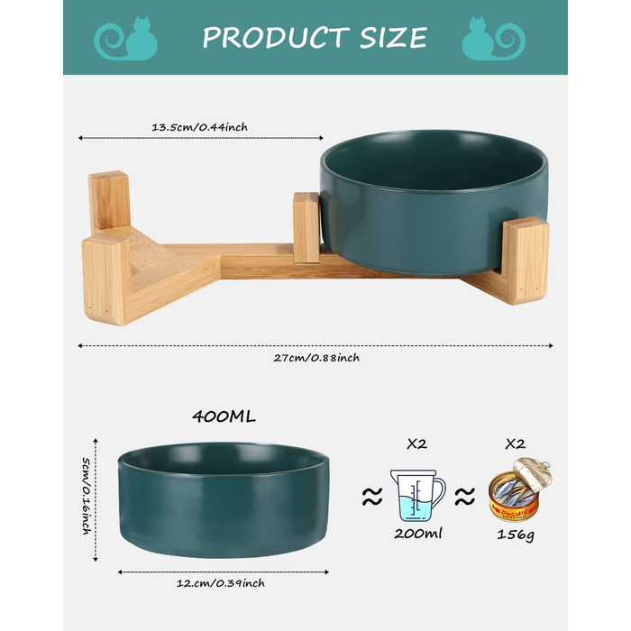 Миска для корму для собак та котів з кераміки з бамбуковим підставкою та антиковзним килимком (400 мл, 2 шт. - зелений)