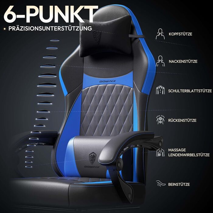 Ігрове крісло Dowinx Racing з ергономічною підтримкою попереку, PU шкіра, 150 кг, чорно-синій