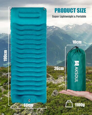 Надувний килимок для кемпінгу - самонадувний, товстий, з подушкою, для рюкзаків, трекінгу, подорожей - блакитний