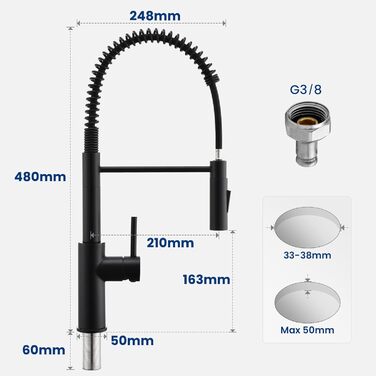 Змішувач кухонний CECIPA з витяжною лійкою, чорний, нержавіюча сталь, 360° обертання, 2 режими струменя