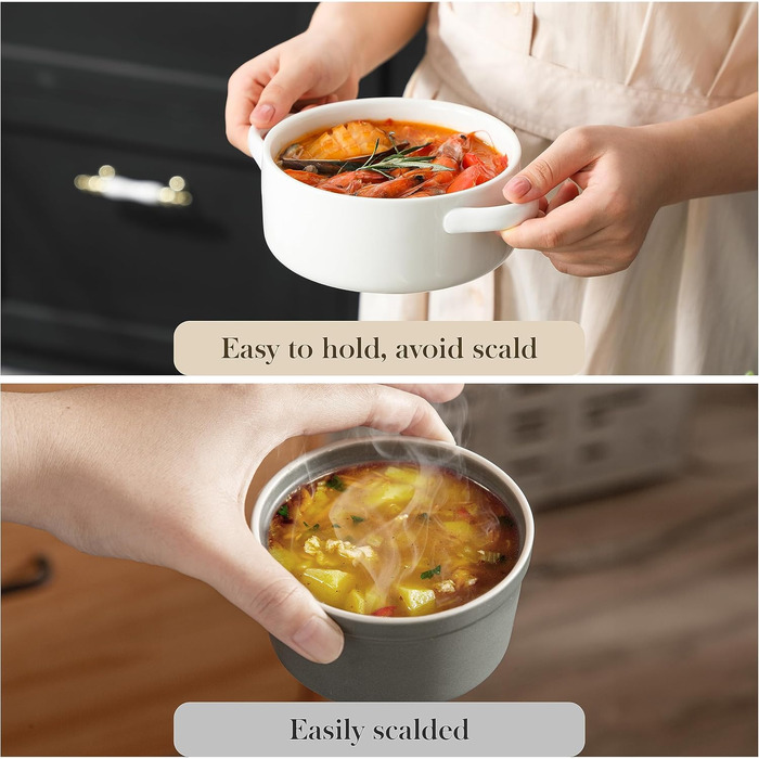 MALACASA Набір супових тарілок з ручками, 800 мл, 4 шт, порцеляна, білий, для французької цибулевої супи, каші та рагу