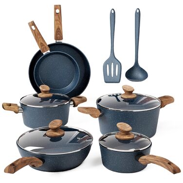 Набір посуду Kitchen Academy 12 предметів: каструлі та сковорідки з антипригарним покриттям, для плити, індукції та мікрохвильовки, блакитний