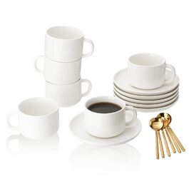 Набір кавових чашок і блюдець Porzellan (4 шт.), з золотою ложкою, 220 мл, кераміка. Чашки капучино для чаю, еспресо (білий)