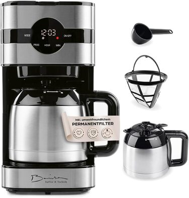 Кавомашина Barista Filterkaffeemaschine з термоканавою, таймер 24 год, постійний фільтр, для 8 чашок кави, для кавової гущі [з нержавіючої сталі] 2) Термокана з нержавіючої сталі