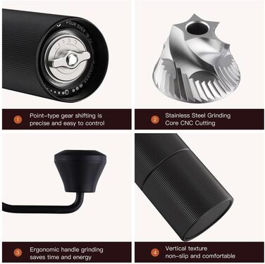 Manual Coffee Grinder with CNC Stainless Steel Burr for Espresso, Travel, Camping, Kitchen & Office, Small Hand Coffee Grinder Manual (Black)
