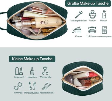 Косметичка жіноча KALIDI з корду, з відділеннями, металева блискавка, для подорожей, зелена