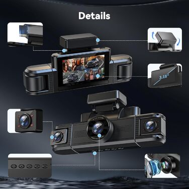 Відеореєстратор Adelagnes D1 Pro: передня та задня камери, 3' IPS, WiFi, 64GB, Нічне бачення, Loop, 170° WDR, G-сенсор