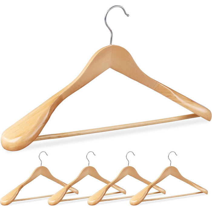 Relaxdays, natural wood suit hangers, 5-piece set, wide shoulders, 360° rotatable hook, with trouser bar, wooden clothes hangers, wood, 5