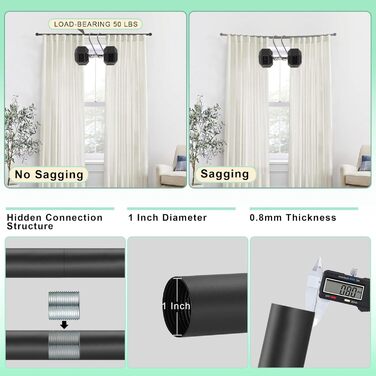 Штанга для штор Warmgold, діаметр 2,5 см, регульована штанга для затемнення, алюмінієві кінчики та кріплення, 71–381 см (2 шт. 16–28 см, чорний)