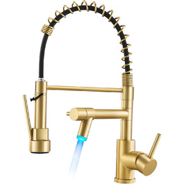 Кран кухонний LED Warmiehomy професійний, 360° поворотний, з двома виливами, високий вигин, спіральна пружина, для мийки, з нержавіючої сталі (золотий)