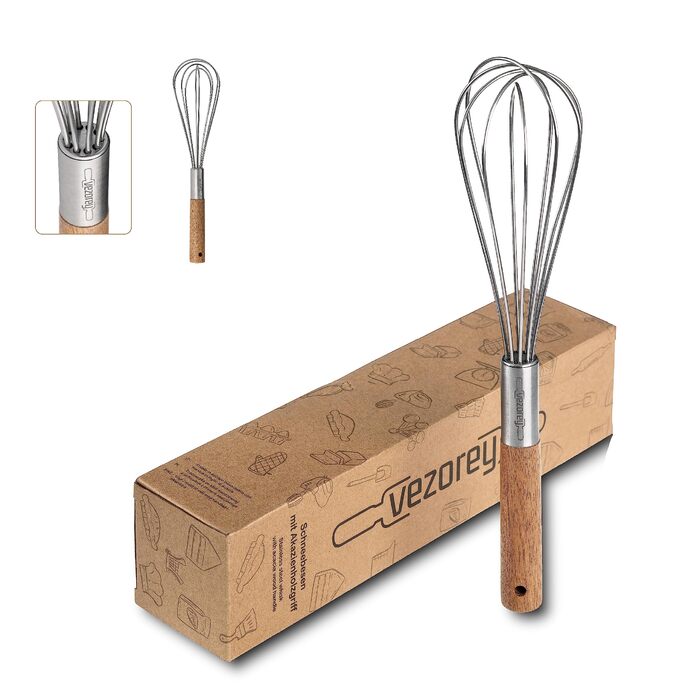 Преміум вінчик для збивання з дерев'яною ручкою з акації 28 см - високоякісний вінчик для збивання з нержавіючої сталі для кухні (стійкий до корозії) - дизайнерський вінчик та ручний вінчик з дерева