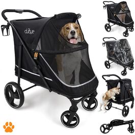 Візок для собак XL CHAMP – зручний та місткий, для великих собак, котів, з дощиковим чохлом, тримачем для напоїв та місцем для зберігання, вантажопідйомність до 50 кг, чорний