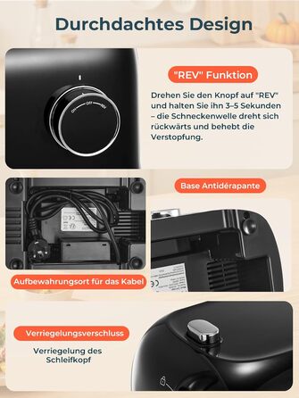 М'ясорубка електрична Fohere 2000 Вт з насадками для ковбас та кубів, 3 диски (7/5/3 мм), чорна