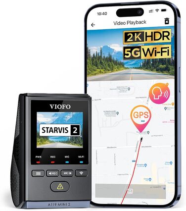 VIOFO A119 Mini 2: Автомобільний відеореєстратор з GPS, 2.7K, Wi-Fi, HDR, нічне бачення STARVIS, голосове керування, 24h паркувальний режим
