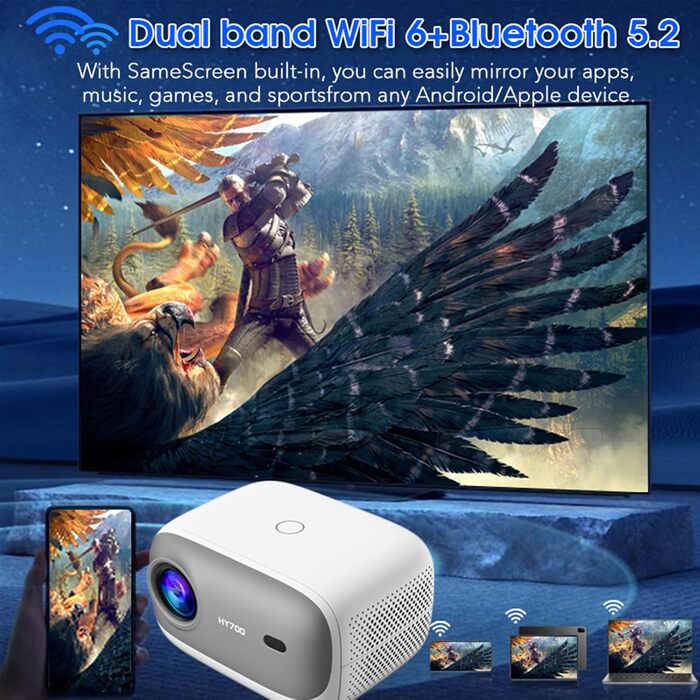 LQWELL HY300 PRO Mini Beamer: портативний проєктор 4K/1080p з Android 11, WiFi 6, Bluetooth 5.0, Airplay/Miracast, для Android/iPhone/PC/Mac/Switch