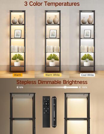 Стельова лампа з полицею, LED, регулювання яскравості, 3 колірні температури, сенсорне управління та пульт, полиця для книг, дерев'яна, сучасний дизайн для вітальні, спальні, офісу (чорний)