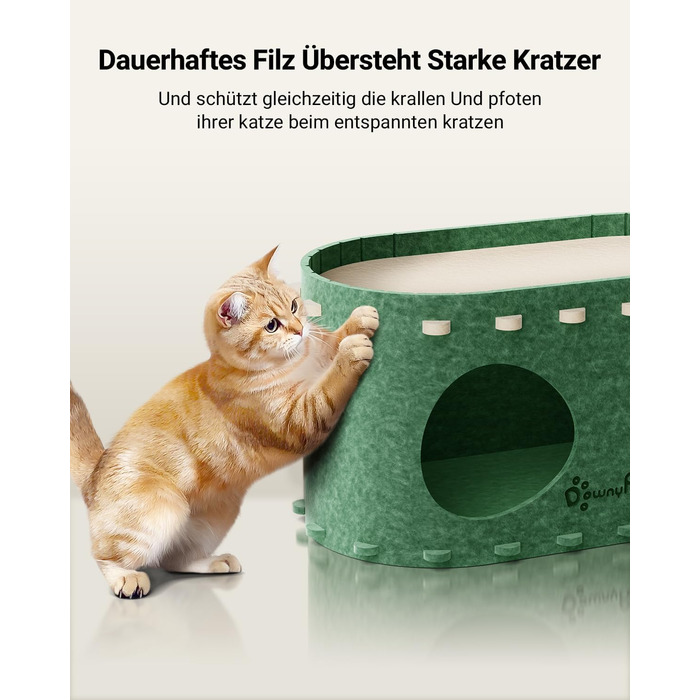 Будиночок-гніздо для котів DownyPaws з фетру, 2-ярусне котяче ліжко, 50 x 33 x 50 см. Затишний дизайн, захист кігтів, зелений колір